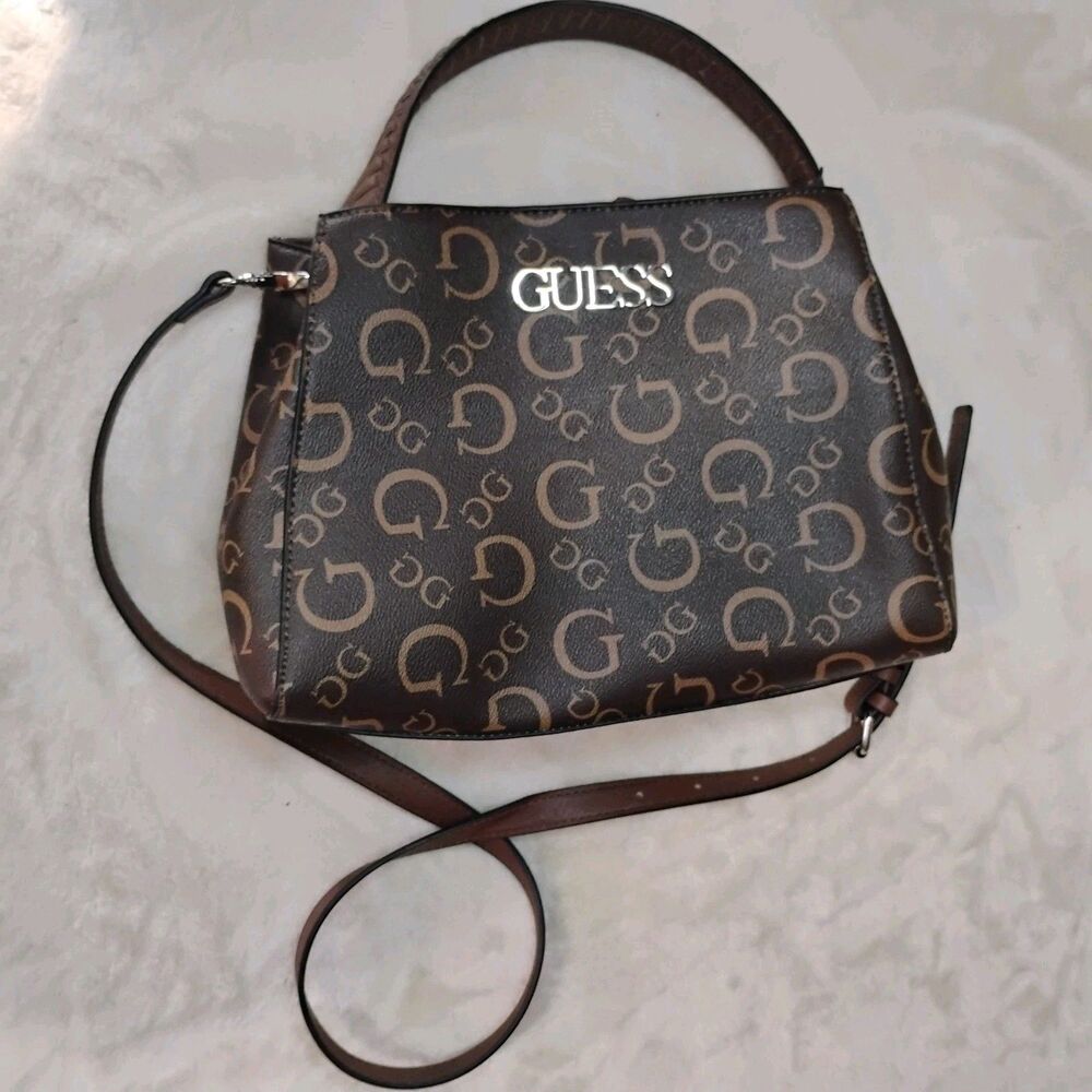 GUESS Monogram Crossbody Handbag Brown G Logo Satchel Shoulder Bag Braided Strap